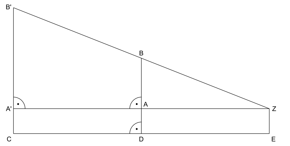 Geometrische Skizze mit den Punkten A, B, C, D, E, A′, B′ und Z sowie rechten Winkeln.